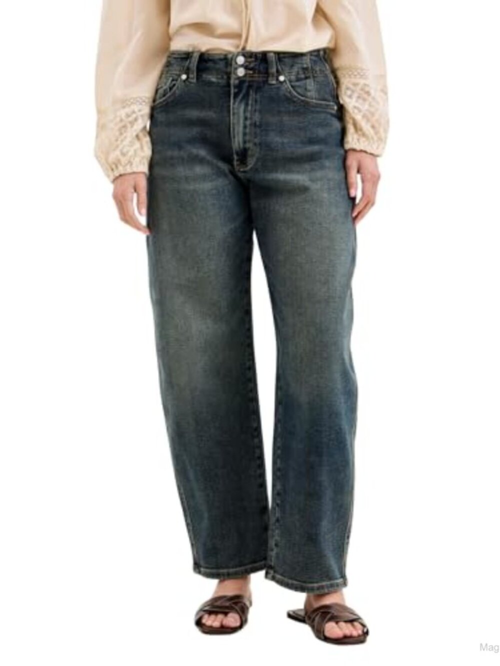 High Rise Barrel Arc Leg Jeans Tapered Fit Double Button Hollywood Waistband